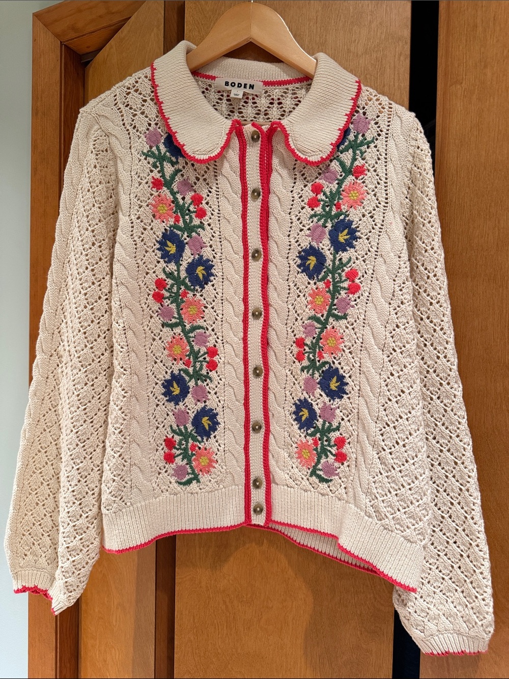 Boden Cream Floral Crochet Button-Up Sweater Large